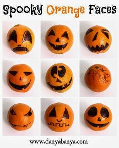 pumpkins with faces painted on them and the words spooky orange faces