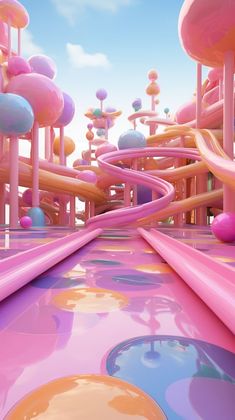 this is an image of a futuristic city with pink, blue and yellow colors on the ground