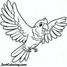 a bird flying with its wings spread out and it's eyes wide open, coloring pages