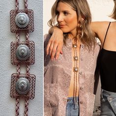 Triple vintage French filigree brass with steel conchos Bolo tie necklace on patterned nylon cord.  Each piece slides on cord to customize fit. Upcycle Inspiration, Bolo Tie Necklace, Tie Necklace, Bolo Ties, Upcycle Projects, Bolo Tie, Leather Work, Tie Accessories, Jewelry Inspo