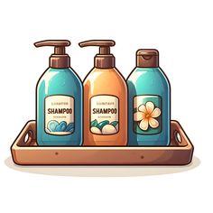 three bottles of shampoo sitting on top of a wooden tray next to each other