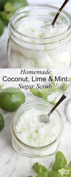 This DIY Lime Mint Sugar Scrub smells like a vacation in a jar and gets rid of dry skin in a jiffy! Great gift idea! Get the recipe here at www.settingforfour.com Mint Sugar Scrub, Mint Sugar, Mask Skin, Sugar Scrub Diy, Lip Scrubs