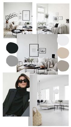 a collage of photos with white furniture and neutral colors