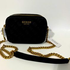 Guess Black And Gold Crossbody. Gold Chain. Two Compartments With Zipper. New With Tags. Guess Shoulder Bag Sofybrands, Guess Bags Black, Guess Bag, Guess Handbags, Guess Bags, Fancy Bags, Black Chain, Purse Pouch, Black Bag