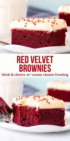 red velvet brownies with cream cheese frosting on top and in the middle, sitting on a white plate