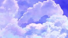 an airplane is flying through the clouds in the blue and purple sky with white fluffy clouds