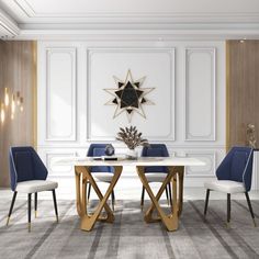 a white table with blue chairs and a star decoration on the wall in a dining room