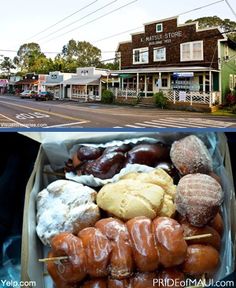 there are many different types of donuts in the box and on the street side