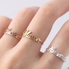 "** STACKABLE NAME RING - MEGAN FONT, made from sterling silver and available in 18k gold plated. This ring can be personalized with names (up to 10 characters/name)of your loved ones. Please note that the listing and the price is for an individual ring. I T E M ∙ D E T A I L S * Dimensions: Uppercase letters are approx. 5.5mm, lowercase letters are approx. 2.5mm * Character limits: up 10 characters * Material: Sterling silver * Color: Sterling silver, 18k Yellow gold-plated, 18k Rose gold-plate Meaningful Open Ring Jewelry Gift, Sterling Silver Initial Ring As Gift, Silver Nameplate Rings For Anniversary, Adjustable Engraved Name Ring As Gift, Personalized Gold Midi Rings In Sterling Silver, Adjustable Meaningful Rings As Gift, Meaningful Adjustable Rings As Gift, Customizable Nameplate Rings As Gifts, Customizable Nameplate Rings For Gifts