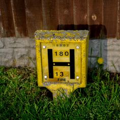 a yellow fire hydrant sitting in the grass next to a brick wall and wooden fence