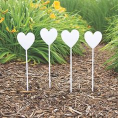 three white heart shaped picks sitting on top of mulch