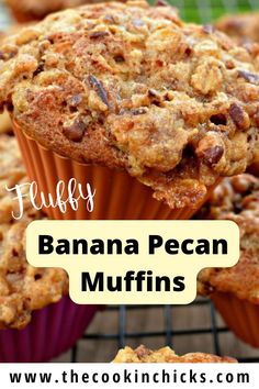 banana pecan muffins on a cooling rack with text overlay that reads fluffy