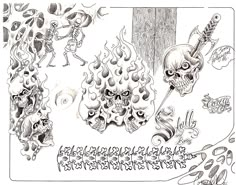 an ink drawing of skulls and fire