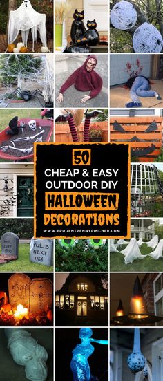 halloween decorations are featured in this collage with the words, cheap and easy outdoor diy