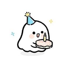 a cartoon character holding a cake with a candle on it's face and wearing a party hat