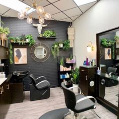 a hair salon with chairs and plants on the walls, mirrors above them and lights hanging from the ceiling