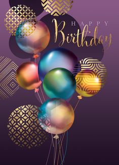 a happy birthday card with balloons in gold foil on a purple background and an abstract design