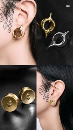 three different styles of ear piercings with gold, silver and black metal designs on them