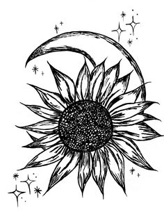 a drawing of a sunflower with the moon and stars in the sky behind it