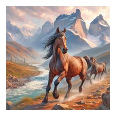 three horses are running in the mountains by some water and rocks, while one horse is galloping