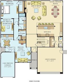 the first floor plan for a home with three bedroom and two bathrooms, an open living area