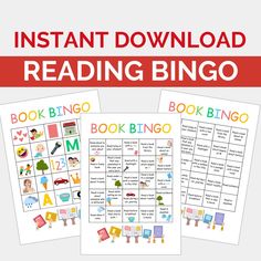 two printable book bingos with the words instant read and play on them in red,