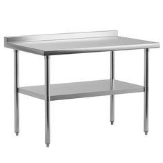 a stainless steel work table with two shelves on each side and one shelf below it