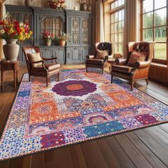 a living room filled with lots of furniture and flowers in vases on top of a rug