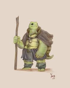 a drawing of a tortoise holding a stick and wearing a costume that looks like it