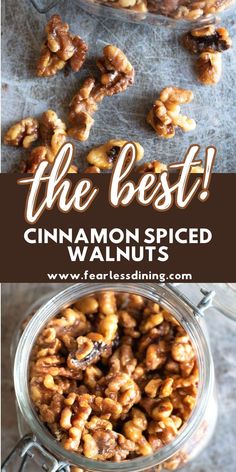 the best cinnamon spiced walnuts recipe in a glass jar with text overlay