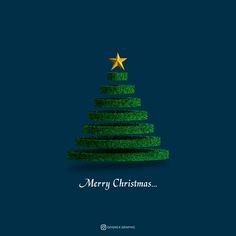 a green christmas tree with a gold star on top and merry christmas written across the bottom