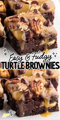 turtle brownies with caramel drizzle and chocolate chips on top are shown