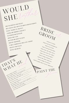 three wedding stationery cards with the words, would she? and bride's groom