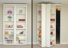 two pictures side by side showing the same room with bookshelves and toys in it