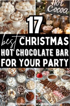 the best christmas hot chocolate bar setup for a festive holiday party with delicious treats and drinks. Christmas Hot Chocolate Station Ideas, Chocolate Party Decorations, Hot Cocoa Bar Wedding, Hot Cocoa Bar Party, Christmas Hot Chocolate Station