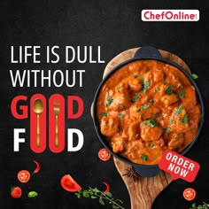 an advertisement for chef online with food in the bowl and vegetables on the table next to it