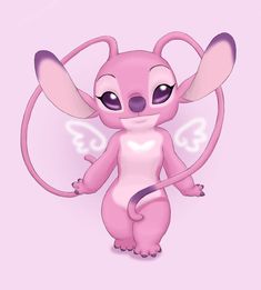 a pink cartoon character with angel wings on it's head and tail, standing in front of a pink background