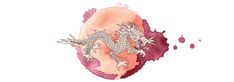 a watercolor drawing of a dragon on an egg shell with pink paint splatters