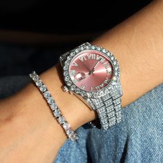 Details: Dial Size: 42mm Material: White Gold plating over stainless steel Stones: CZ Iced Out Watch, Pretty Watches, Gifts Corporate, Silver Watches Women, Pretty Pregnant, Expensive Jewelry Luxury, Pink Watch, Ice Watch, Event Gifts