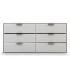 a white dresser with six drawers and two doors on each drawer, in front of a white background