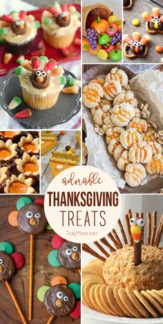 a collage of thanksgiving treats with turkeys and pumpkins on them, including cookies