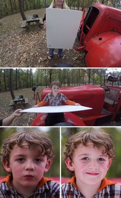 three pictures of a boy in front of an old red truck