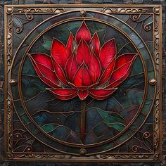 a stained glass window with a red flower in the center and leaves on it's side