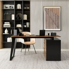 an office with a desk, chair and bookshelf in front of a bookcase