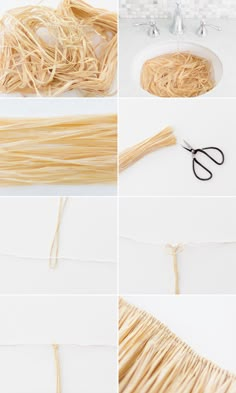 four pictures showing different types of yarn and scissors