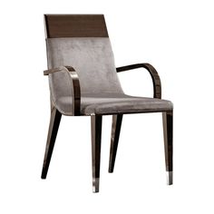 a grey chair with wooden legs and armrests