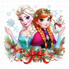 two frozen princesses with christmas decorations and snowflakes on their heads, one is holding