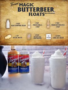 an advertisement for two bottles of butterbeeer floats and one bottle of vanilla ice cream