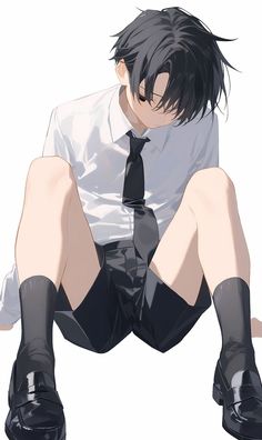 an anime man with black hair and tie sitting on the ground wearing high heeled boots