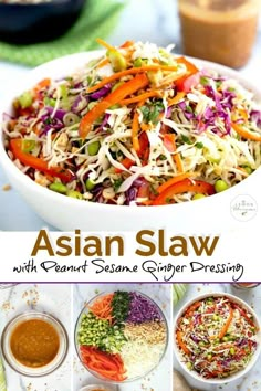 This Asian Slaw is crispy, crunchy and tossed in the most flavorful Peanut Sesame Ginger Dressing. This Asian coleslaw recipe is easy to make and great served as a side dish, to top your favorite sandwich or as a main salad. Make ahead and perfect for barbecues, picnics and potlucks. #healthy #easy #recipe #Asiancoleslaw #peanutdressing #nomayo #homemade #cabbage #peanuts Asian Salad Dressing Peanut, Asian Slaw With Sesame Ginger Dressing, Coleslaw Recipe Asian, Asian Salad With Peanut Dressing, Crispy Salad Recipe, Sesame Coleslaw, Tossed Salad Recipes, Asian Dressing Recipe, Asian Slaw Dressing